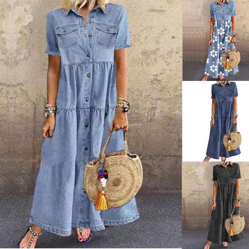 

Denim-Style Distressed Long Multi-Button Dress M