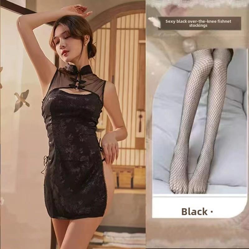 Sexy Retro Jacquard Strap Cheongsam Uniform Temptation Perspective Sex Underwear Stand-up Collar Buckle