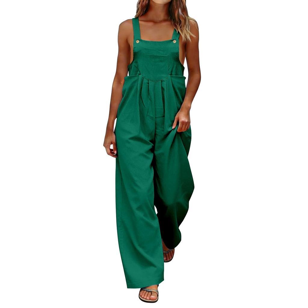 Women's Fashionable Color Sleeveless Casual Wide Leg Loose Jumpsuit With Pocket