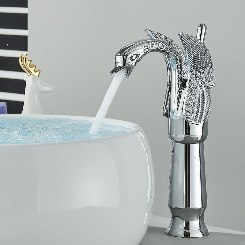 Golden Basin Faucet Deck Mount Sink Short Faucets Swan Shape Single Handle Sink Hot Cold Water Mixer Tap