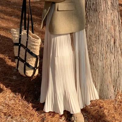 Women Maxi Skirt Elastic High Waist Flowy Hem Long Skirt Solid Color Splicing Design Slimming Skirt Daily Wear
