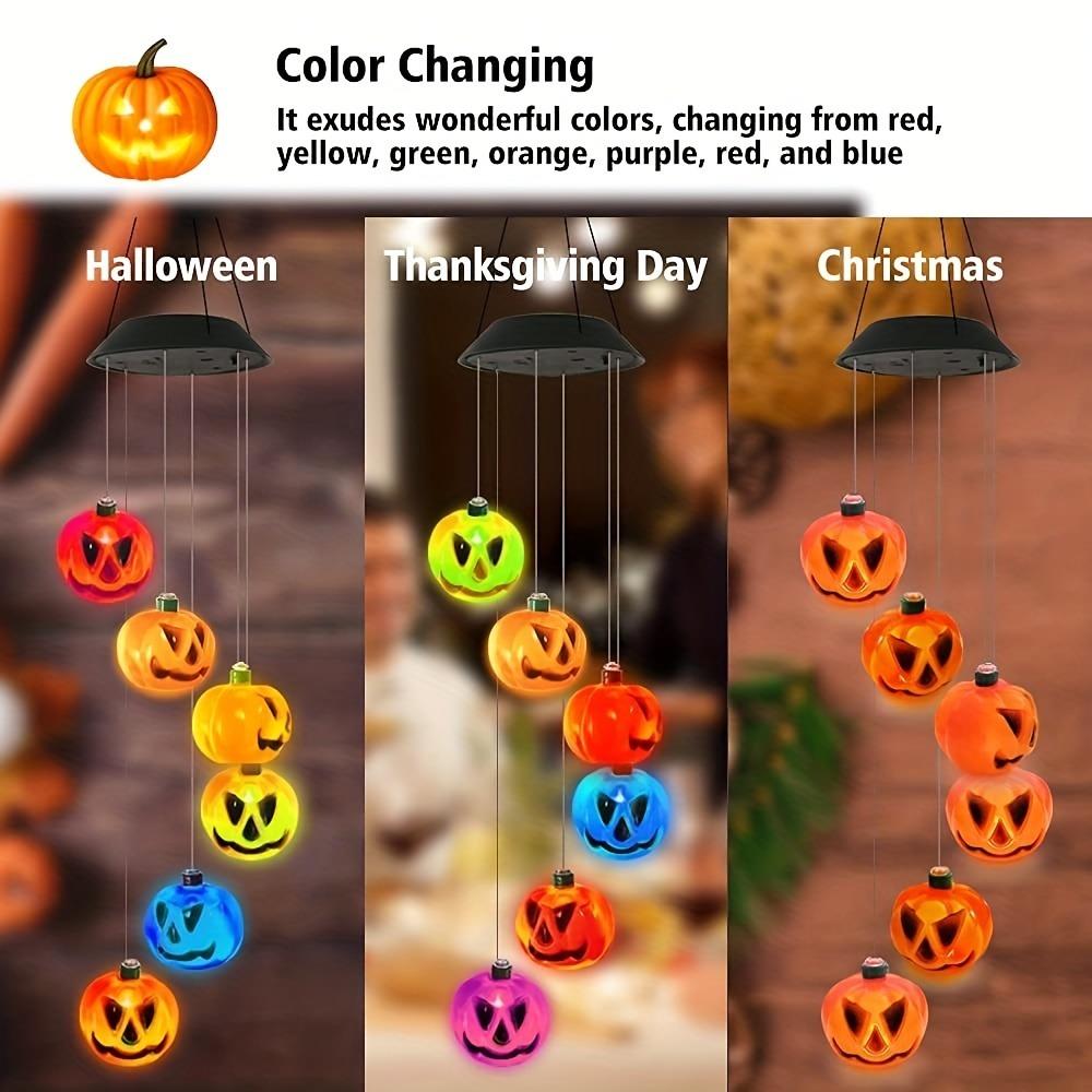 Solar-Powered Halloween Pumpkin Wind Chimes with Colorful LED Lights Angry Pumpkin Hanging Decor for Garden Porch Patio Windows