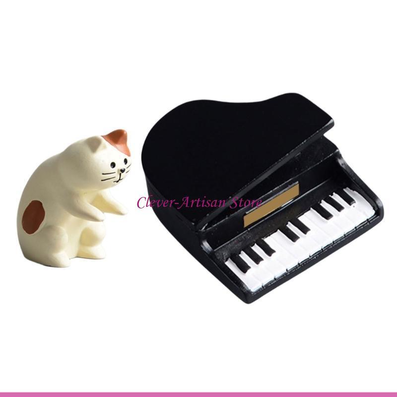 E06B Resins Cats Musician Sculptures Ornaments Set for Photography and Table Decors