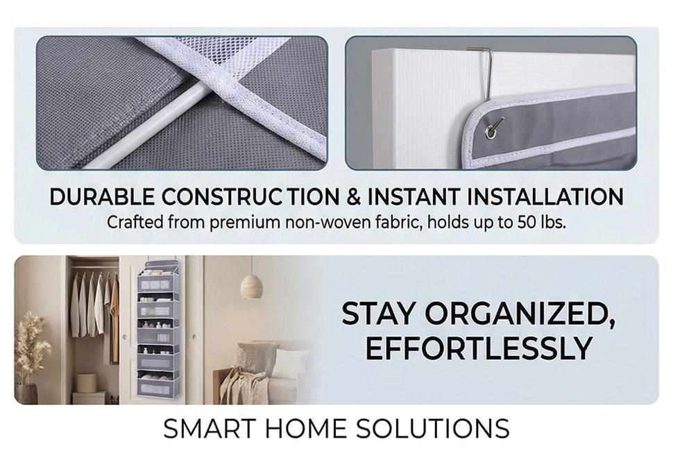 5 Tier Over The Door Organizer Large Capacity Behind Door Storage with 5 Spacious Pockets and 13 Mesh Pockets