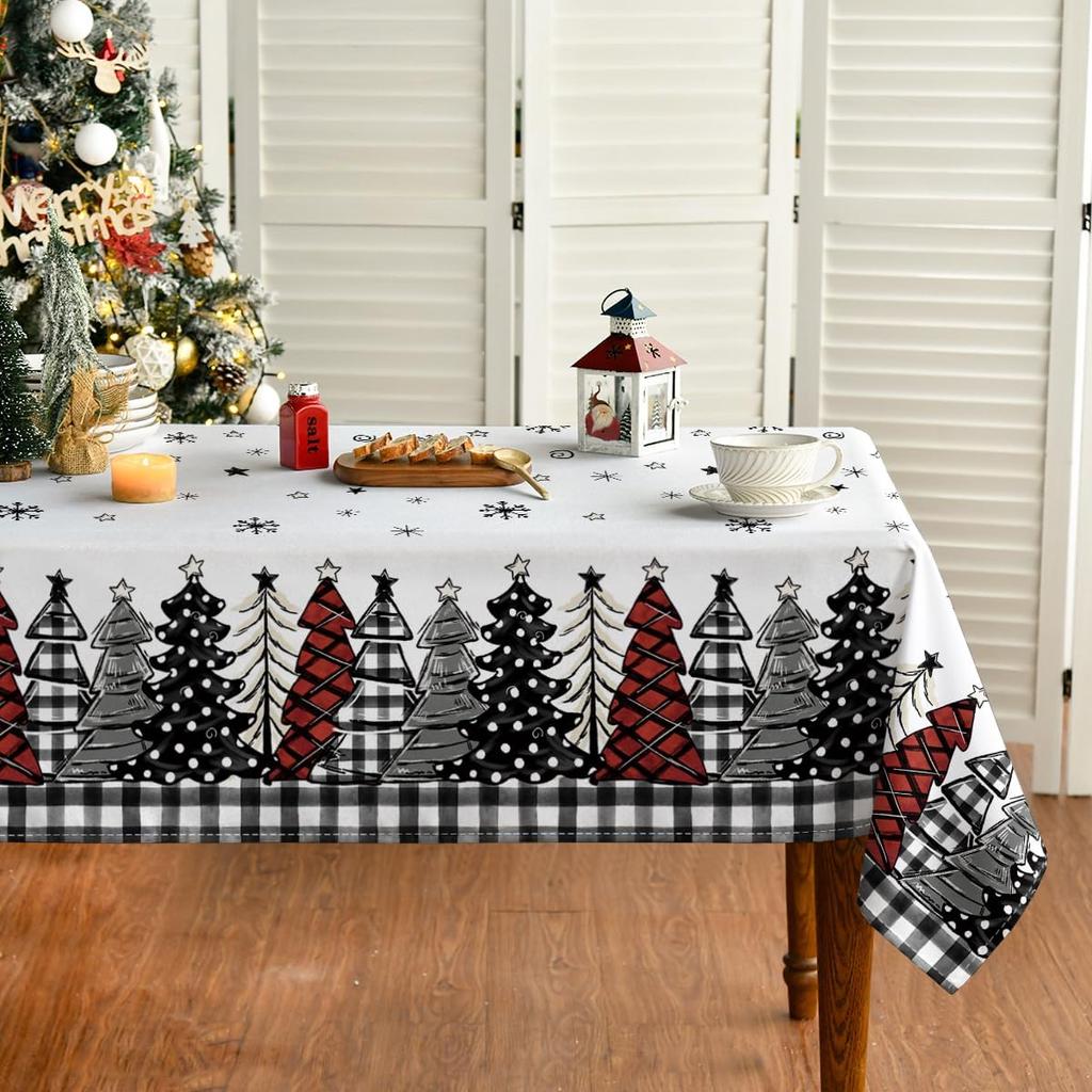 Christmas Trees Buffalo Plaid Black Rectangle Tablecloth Dining Room Decor Waterproof Tablecloth For Table Xmas Party Supplies
