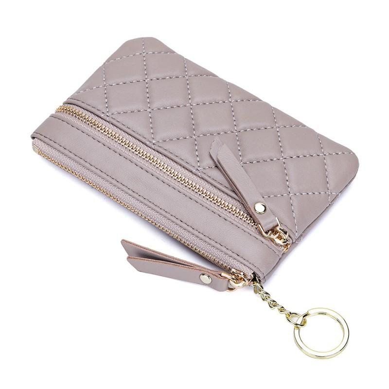 Sheepskin Style Diamond-check Zipper Change Purse Women s Fashionable Short Multi-card ID Bag Genuine Leather Coin 9x14x1cm серый