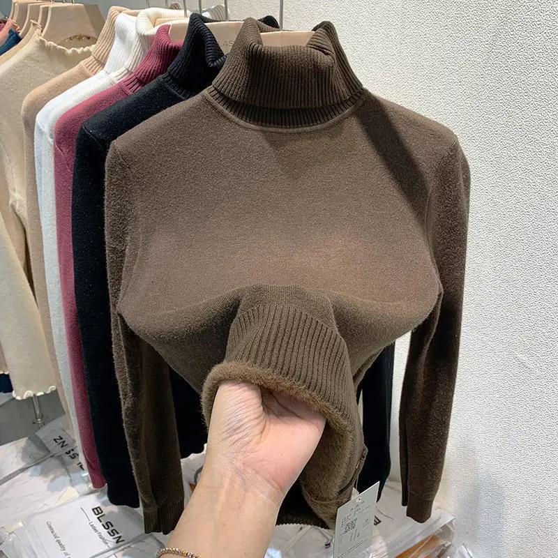 WTEMPO Rollkragenpullover Einfarbig Langarm Beiläufige Gestrickte Pullover Frauen Herbst Winter Plüsch Verdickte Jumper Warme Bodenbildung Strickwaren