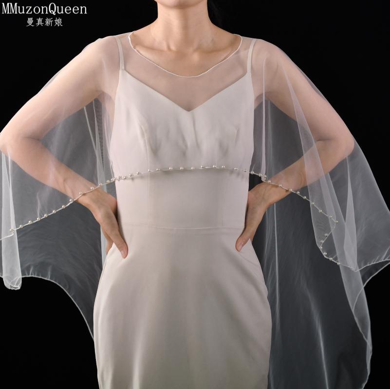 Beaded Edge Tulle Cape Train Shawl Front Short Back Long Sheer Bridal Wrap White & Black For Strapless Wedding Gown Evening Party Photoshoot