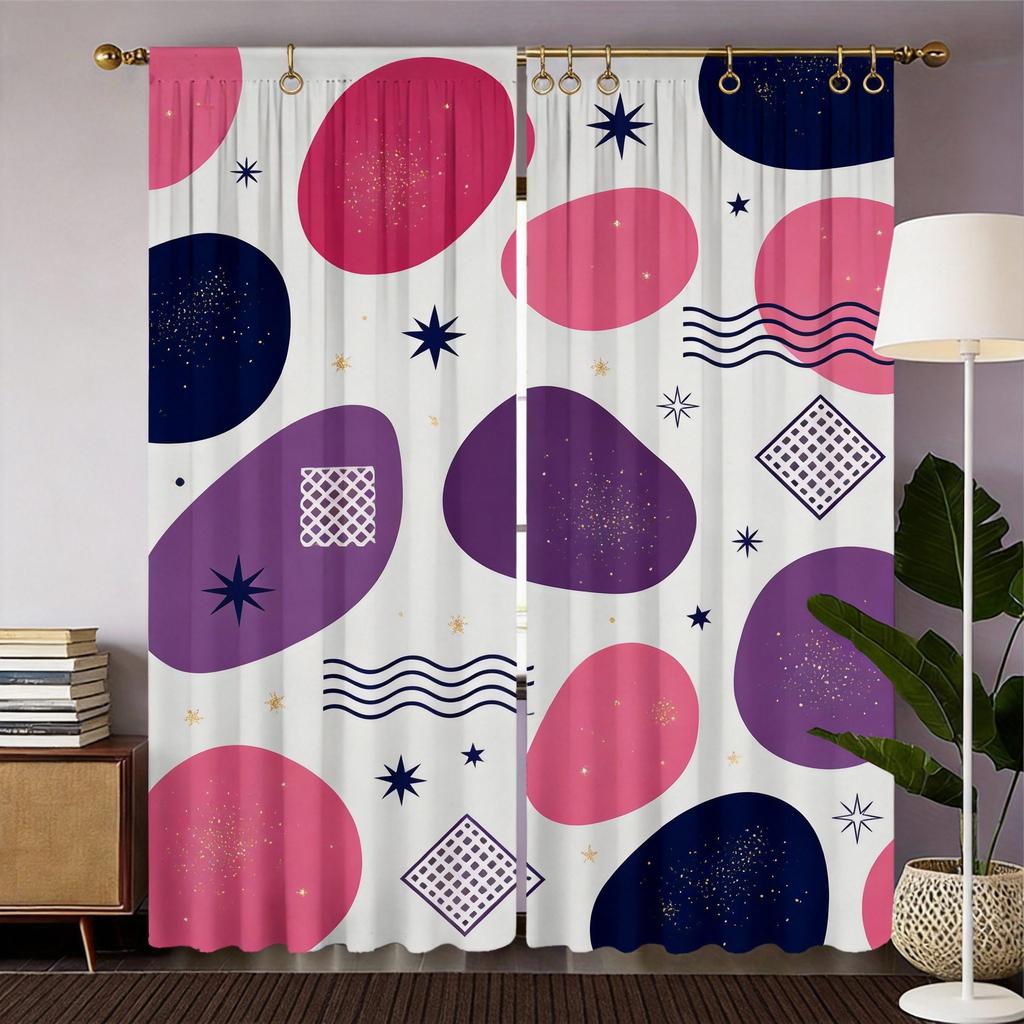 Geometric Curtains 2pcs – Red Black Yellow Abstract Shapes on White, Mid-Century Modern Decor for Living Room and Bedroom