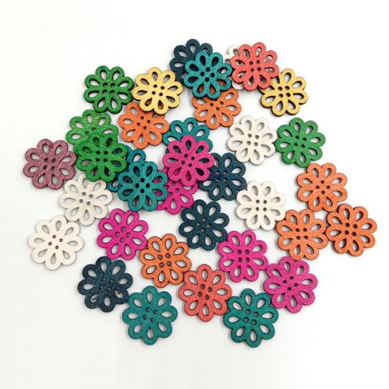 100 ks Dřevěných Retro Knoflíků s Chrizantémou 4 Dírky DIY Šití Scrapbooking Řemesla