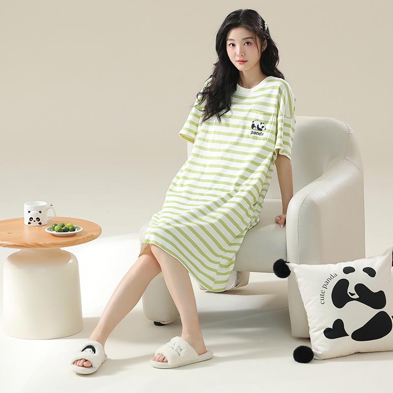 7A Women's Antibacterial Cotton Nightgown, Short Sleeve, Plus Size, Medium Length, Versatile for Outdoor Wear, Sweet Summer Home Dress