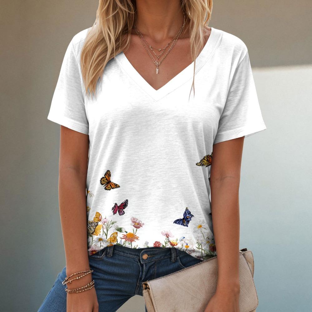 Women's flower butterfly print short sleeved V-neck T-shirt