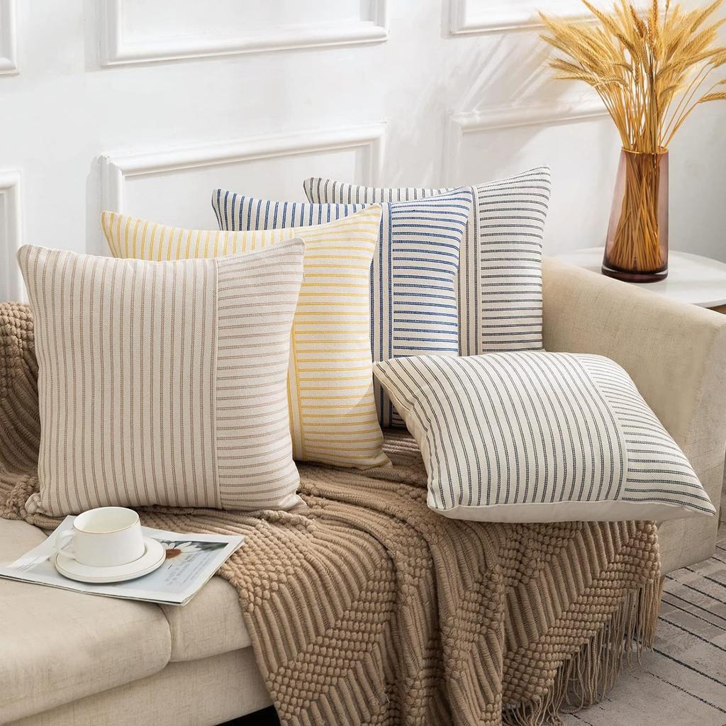 Modern Striped Pillow Covers 18x18 Square Throw Pillow Cover Patchwork Linen Decorative Pillow Cushion Cover Home Decor for Sofa