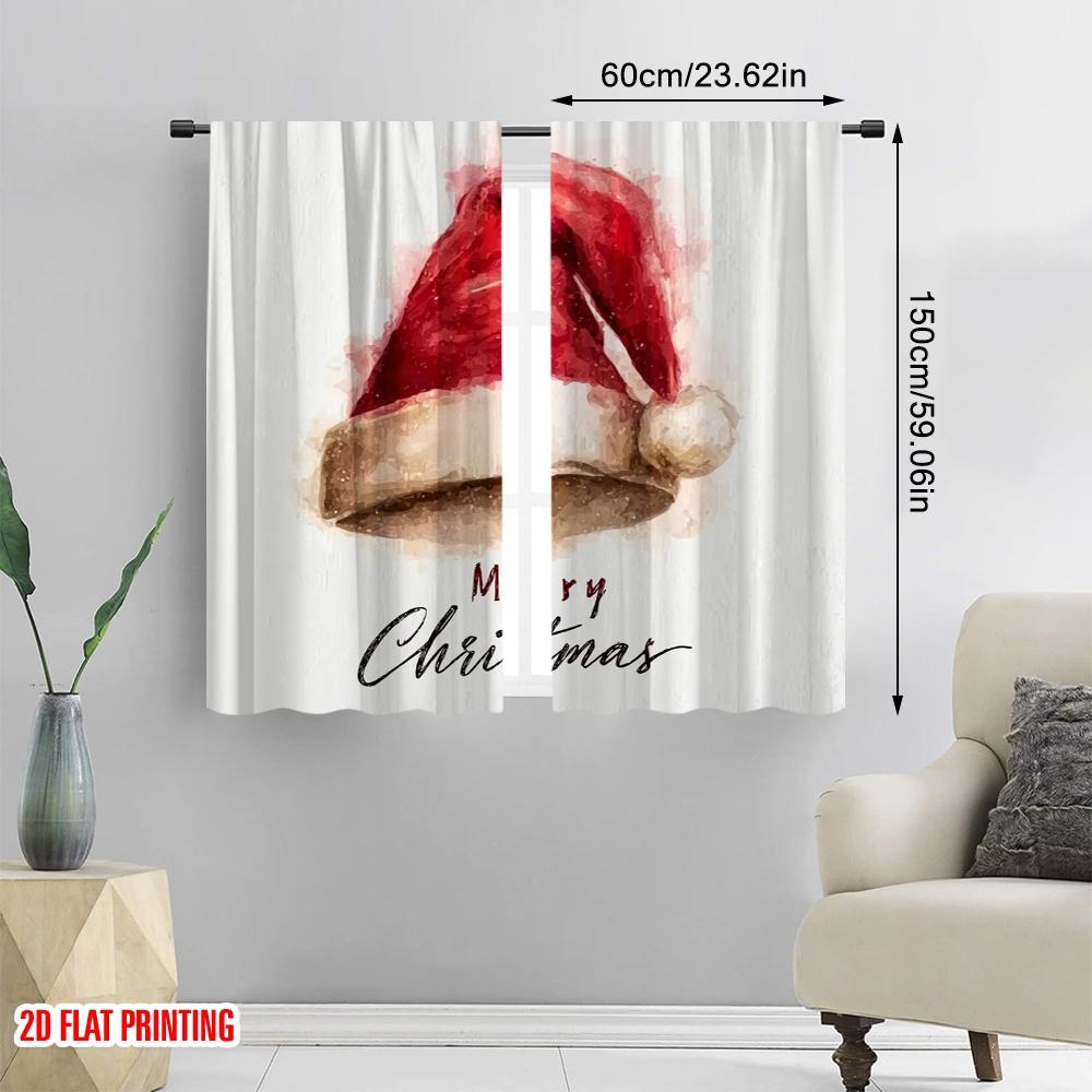 2pcs,2D Plane Printing Curtains&Window Treatment Vintage Santa Hat Versatile Fabric (without Rod) Art Deco Festive Use for