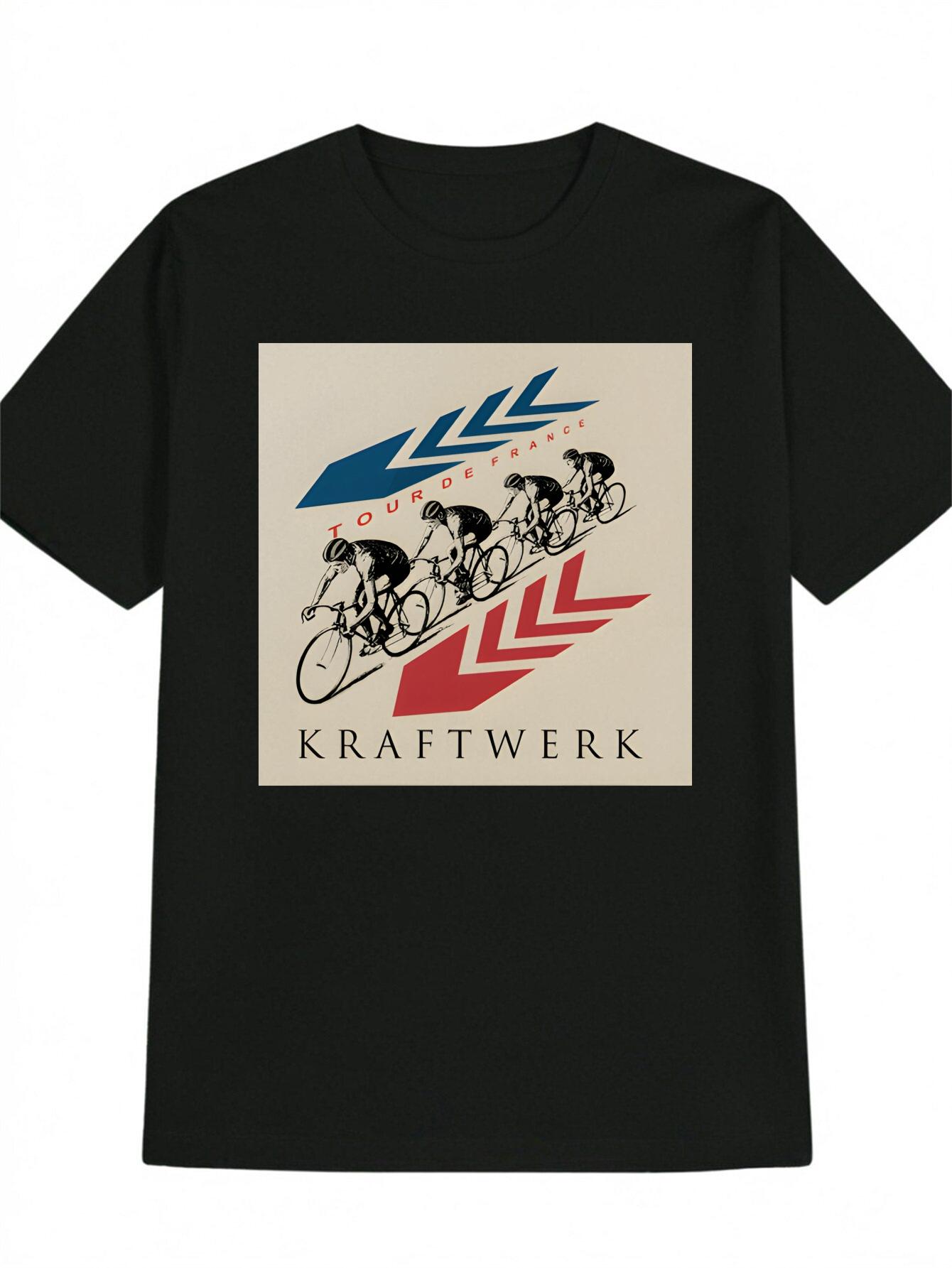 Casual Crew Neck T-shirt with KRAFTWERK & Cyclist Design - Blue & Red Arrow Print XL
