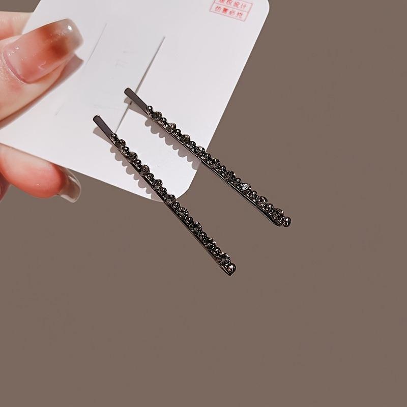 

Набор из 2 шт. Искрящийся Черный Односторонний Зажим для Волос, Украшенный Алмазами - Роскошная Текстура, Женский Ежедневный Стиль Челки, Модный Головной Убор