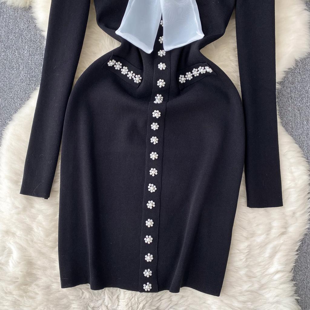 Elegant Bow High Waist Fashion Bodycon  Dress Long Sleeve Sexy Knit Elastic Tight Vestidos Autumn Winter Pencil Sweater Dress