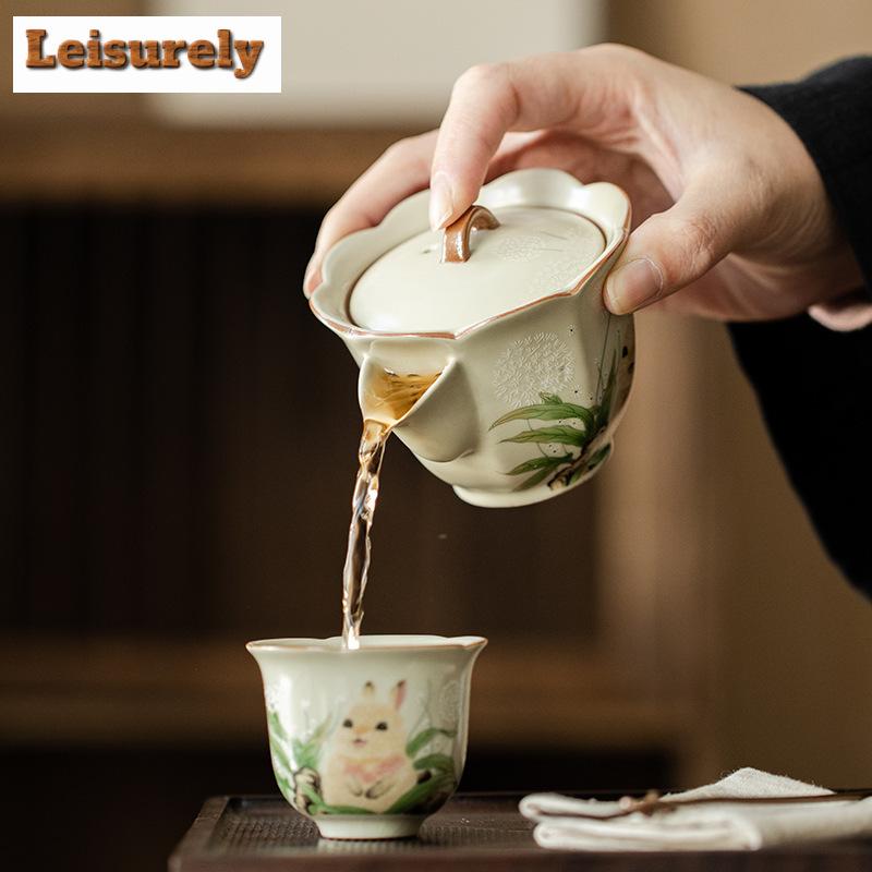 100ml Roztomilý Králíček Květinová Ústa Gaiwan Rýžově Žlutá Ru Kiln Ručně Uchopitelná Čajová Terina Čajový Výrobník Poklička Miska Čajový Set Kolekce Dárky
