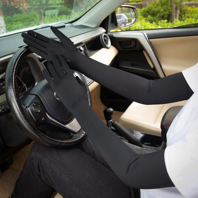 

Spring Summer Sun Protection Gloves Women Adjustable Arm Circumference Men s UV Protection Ice Silk Long Riding Driving Outdoor Ice Oversleeve Fingertip opening ice sleeve black One size