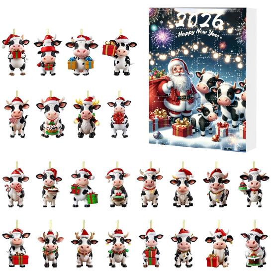Collectible Christmas Figurines for Enthusiasts Cow Ornament Advent Calendar 2026, 24 Days 2D Acrylic Hanging Pendant Portable Decorations Home
