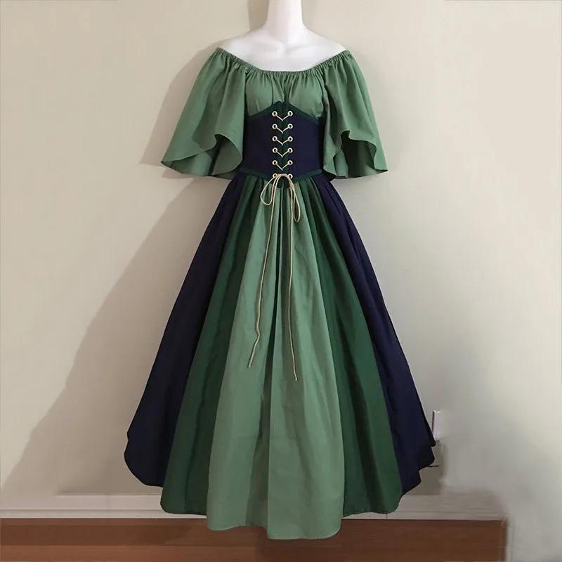 Halloween Costumes for Women Medieval Retro Contrasting Color Slim Swing Dress One-word Shoulder Dress Love Live Cosplay