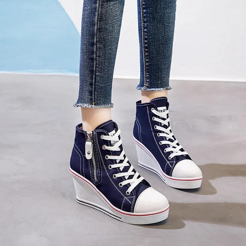 Kobiety z ukrytym klinem niewidoczne buty na obcasie brezentowe buty na koturnie z bocznym zamkiem zwiększone dorywczo wysokie oddychające trampki na platformie