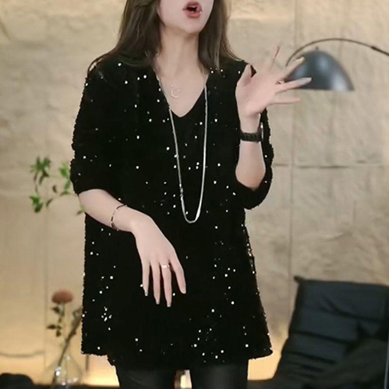 

Женская одежда Винтажный Золотой Вельвет Пайетки Разрез Элегантный Шикарный Базовая Футболка Дамы V-образный вырез Однотонный Длинный рукав Оверсайз Туника Топы XXXL чёрный