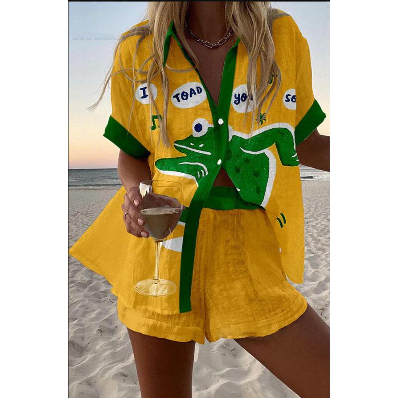 Sommar Ny Dam Tryckt Kortärmad Skjorta Set Hög Midja Löst Tryckt Shorts Tvådelat Casual Mångsidigt Set