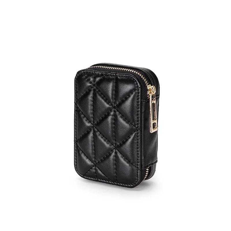 2023 Fashon Lipstick Box Square Travel Genuine Leather Makeup Organizer Case with Mirror Lip Sticks Leather Holder Cosmetic Bag
