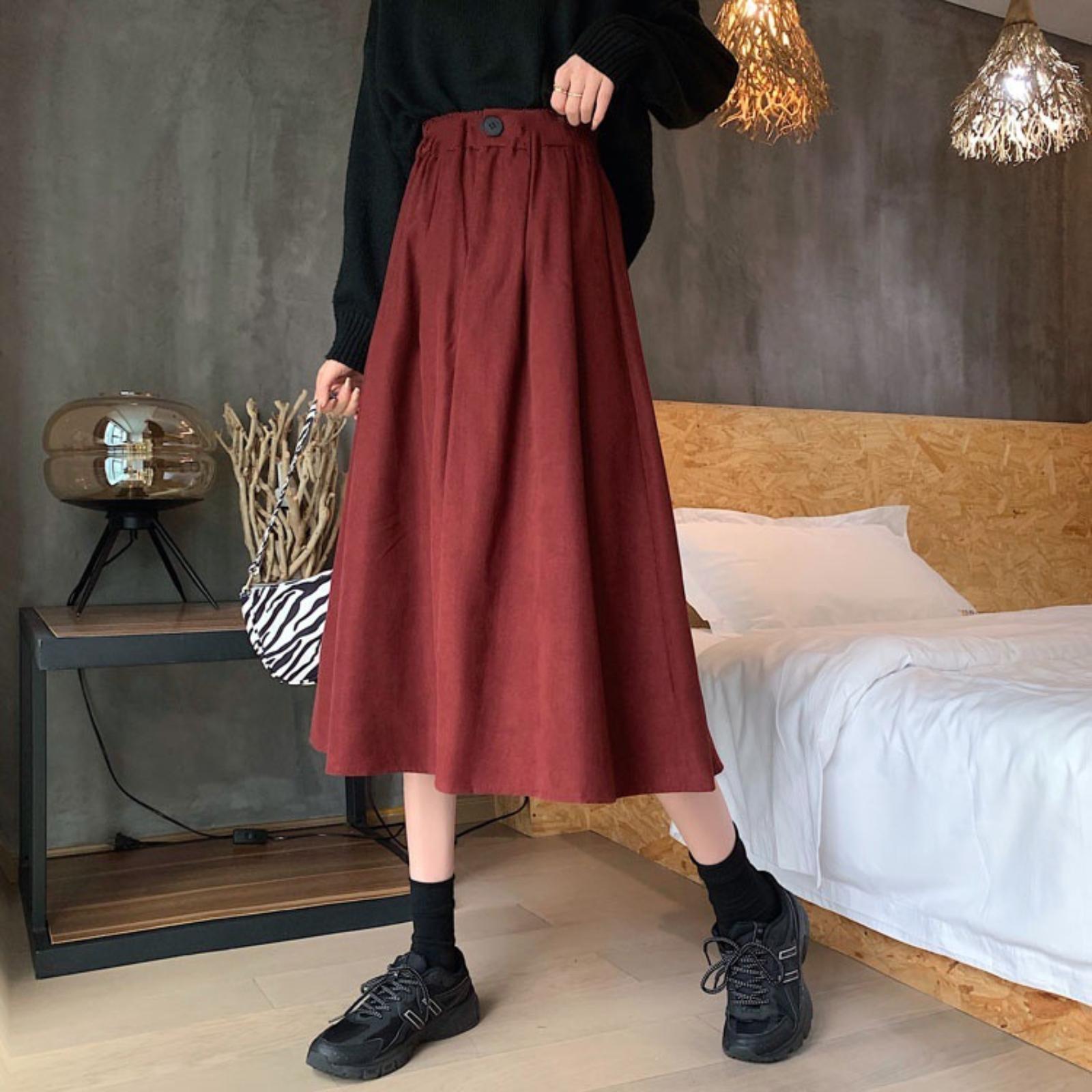 

Women s Corduroy Skirt Casual Midi Pleated A,Line Skirt S винний