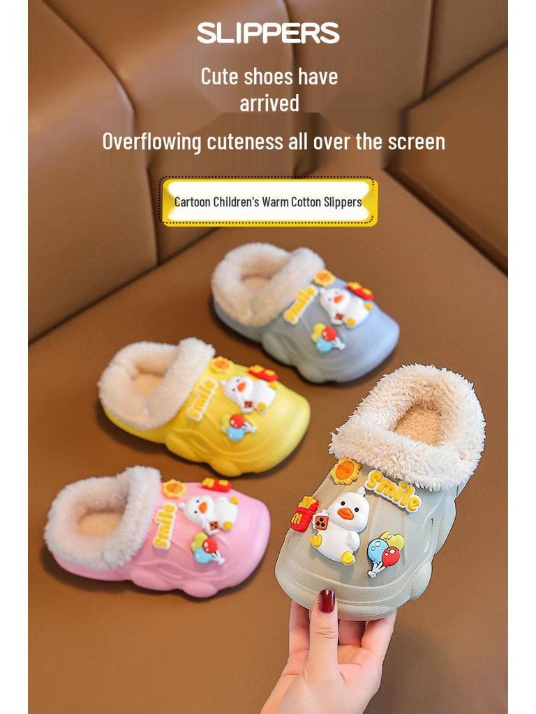 Kids' Waterproof Non-Slip Cotton Slippers, Plush Lined for Warmth, Removable Fur Lining, Perfect for Autumn/Winter Home Use.