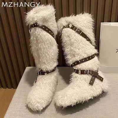 Pelz Frauen Wohnungen Hohe Stiefel Winter Designer Knie Hohe Schuhe Frau 2025 Trend Mode Warme Schnee Kurze Plüsch Motorrad Stiefel Mujer