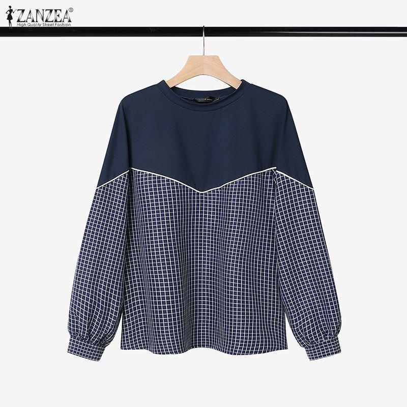 ZANZEA Women Long Sleeve Round Neck Plaid Splicing Casual Basic Pullover Tops Blouse