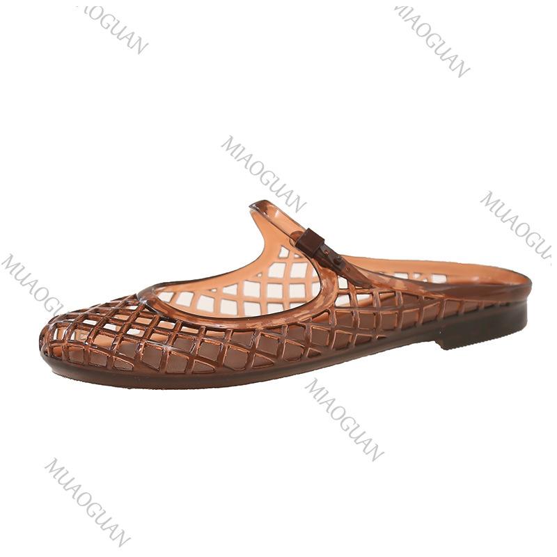 Women Jelly Flat Slippers Summer  Mesh Breathable Sandals Hollow Designer Shoe Casual Beach Walking Baotou Slide Footwear