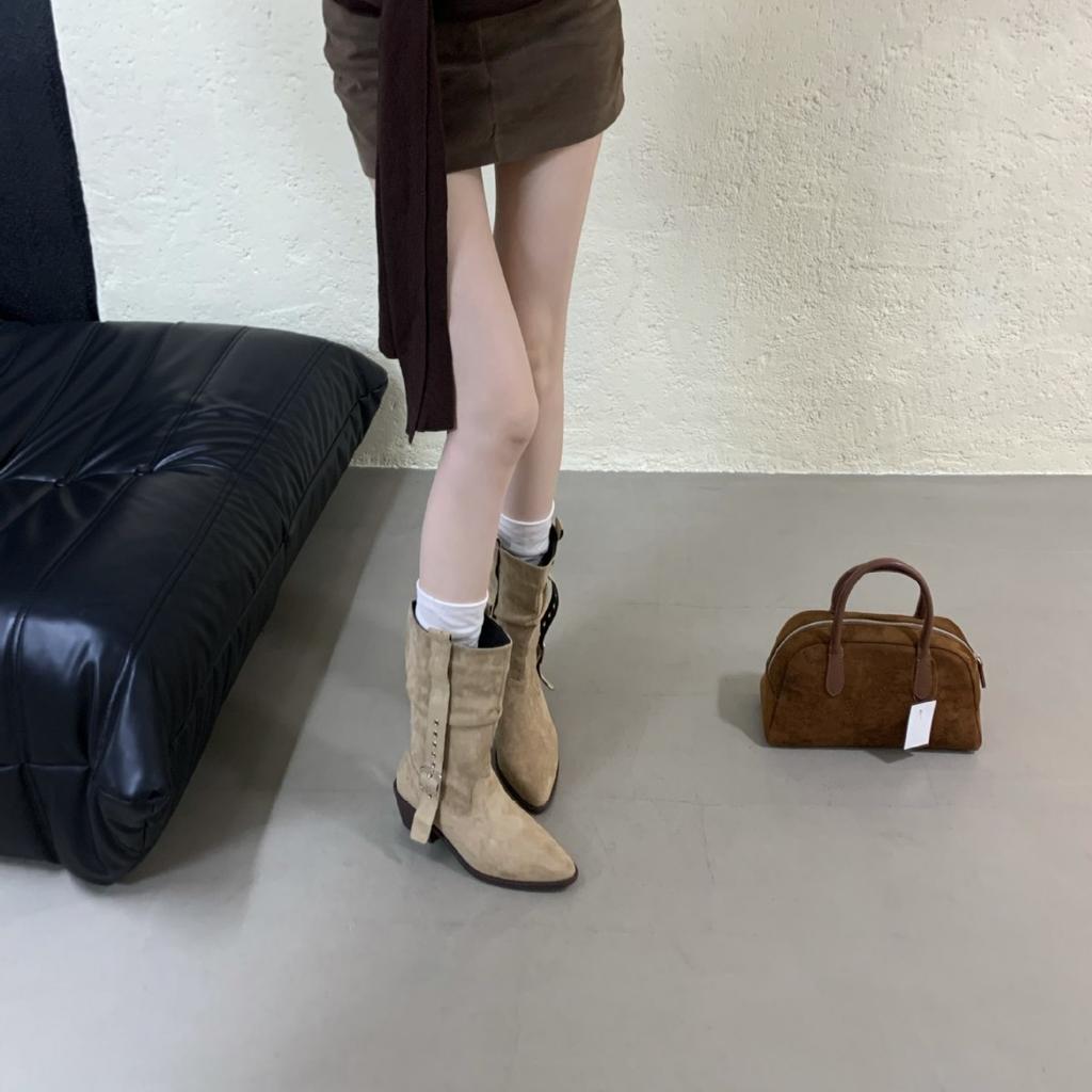 2025 Autumn and Winter New Round Head Thick Heel Belt Buckle Medium Tube Thin Fashion Martin Western Women's Short Boots