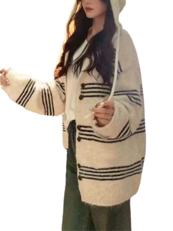 Women's Color Block Striped Knit Cardigan - Korean Style Autumn/Winter Hooded Casual Wear