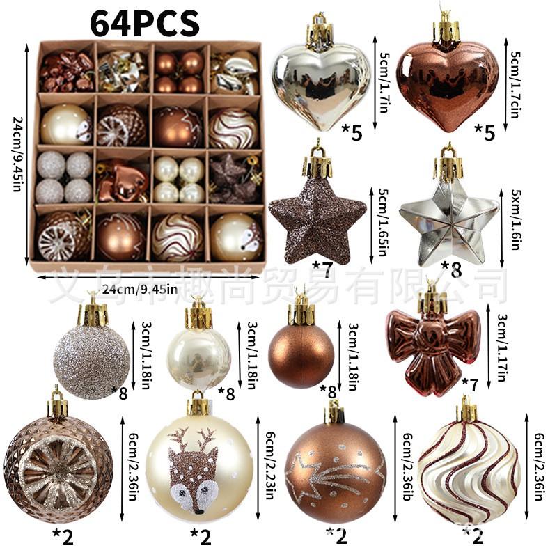 64pcs Christmas Ornament Set - Painted Ball Decorations Tree With Star Heart Bow Design