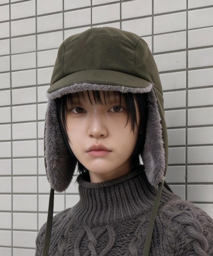 Eondeokeonteulolseutyudio Winter Reversible Fur Hat Trapper Hat / Reverse Fur / Flannel Olive
