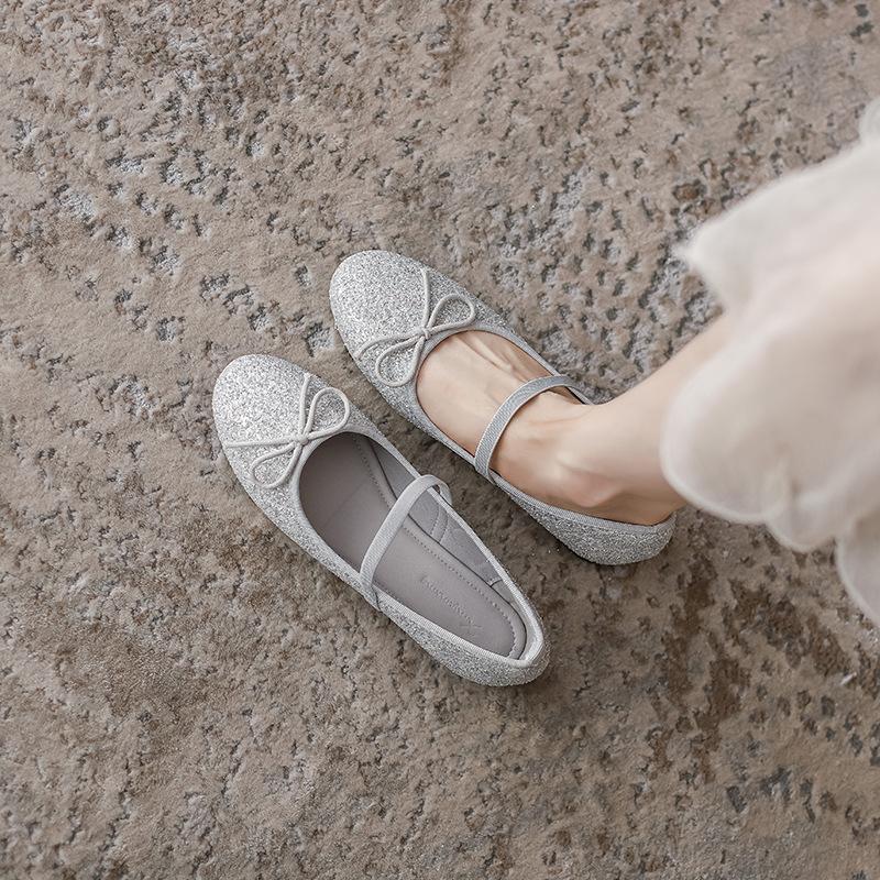 Fashion Round Toe Silver Glitter Flat Shoes Woman Elastic Band Bowtie Ballet Flats Bling Bling Flat Heel Mocasines Women Slip On Loafers