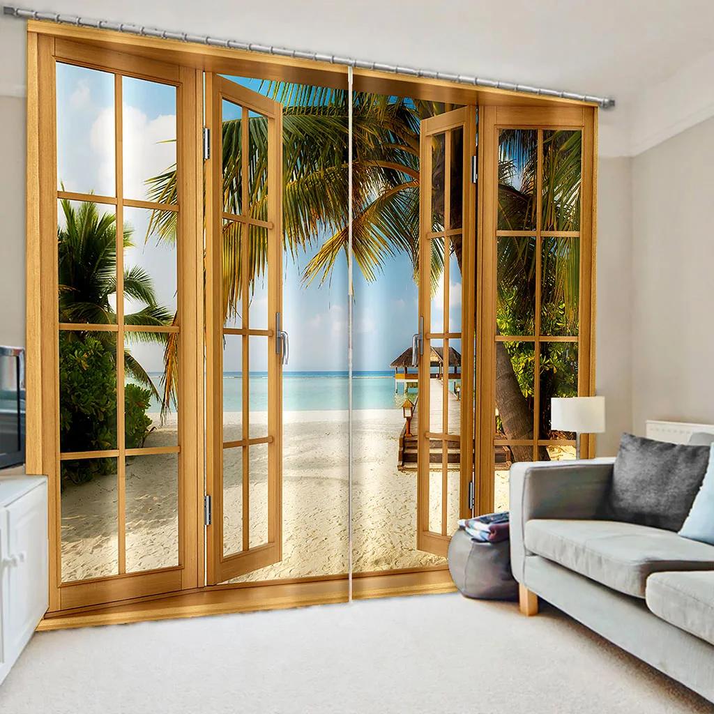 Wald Fenster 3D Natur Landschaft Strand Meer Baum Grün Vorhänge Fenstergardinen für Wohnzimmer Schlafzimmer Küche 2 Stück Dekor