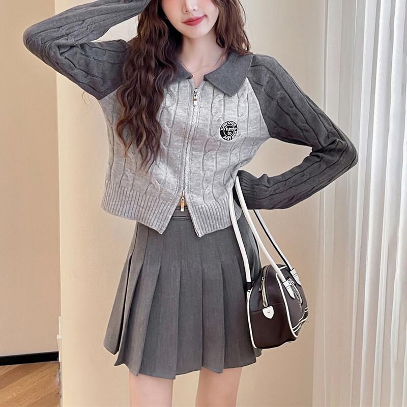 TonLion Women's Autumn Color-Block Cable-Knit Zip Cardigan