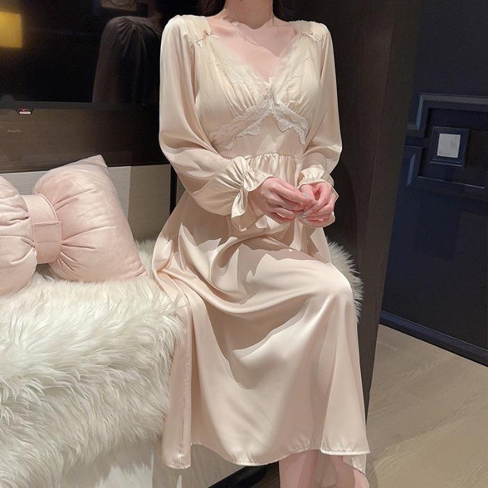 Французская женская пижама из ледяного шелка весна-осень сладкая и сексуальная кружевная ночная рубашка домашняя одежда длинная выше колена можно носить на улице One size fits all