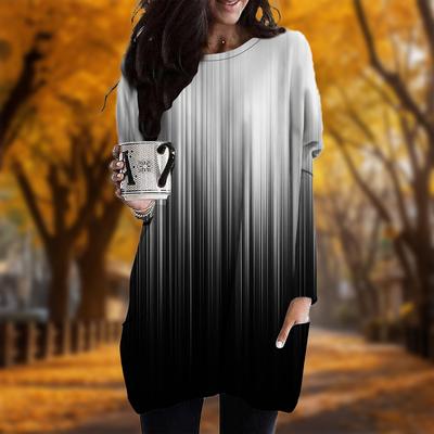 Neu Im Herbst Farbe Grad Print Plus Größe Kleid Frauen O'neck Lange Ärmel Casual Tasche Kleider