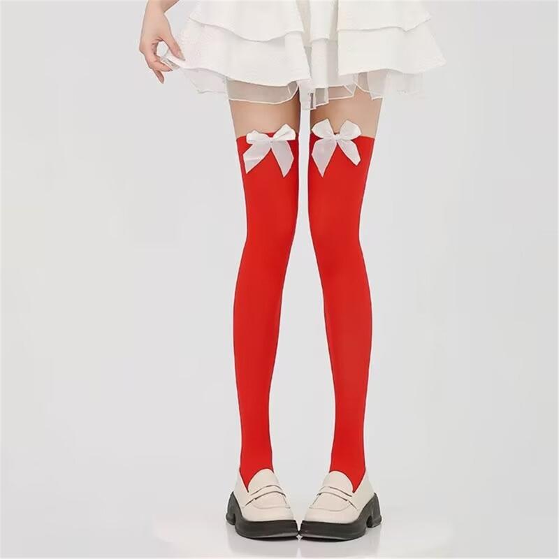 Christmas Thigh High Stockings Over the Knee Socks Halloween Cosplay Costumes for Womens Red Thigh High Socks with Bows