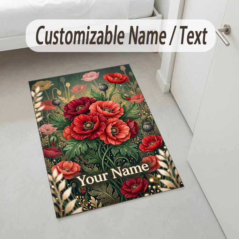 Floral Garden Theme Crystal Velvet Rug Personalized Custom Name Text Soft Floor Mat Home Decor