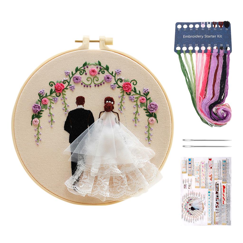 3 Pack Cotton Embroidery Starter Kit, Couple Themed Stamped Cross Stitch Set with Hoop, Pattern Fabric and Guide for Beginners