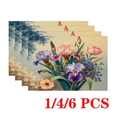 4/6pcs Rectangular Placemats Suitable for Dining Table - Elegant Floral Oil Painting Table with 2D Botanical Patterns, Washable Polyester Fabric
