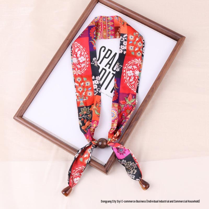 Luxury Silk Scarf Necklace: Beaded Cashew Flower Design, Adjustable for Neck or Hair