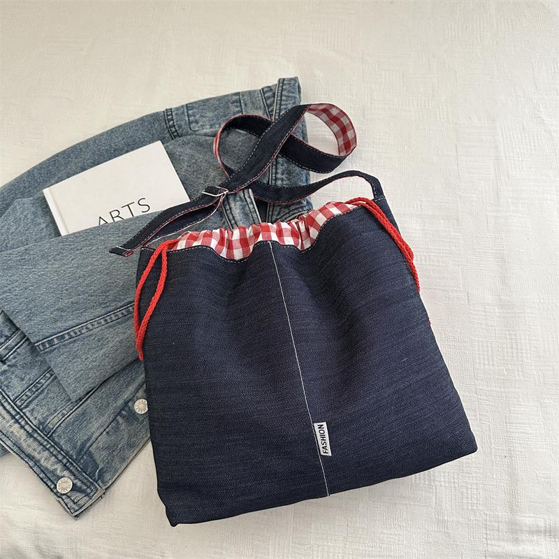 Vintage Drawstring Bucket Bag Simple Style Canvas Crossbody Bag Large Capacity Tote Handbag For Women Travel CLE