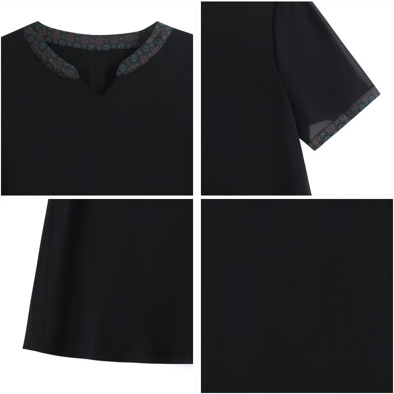Plus-size black top, summer patchwork short-sleeve, loose and breathable casual women's t-shirt